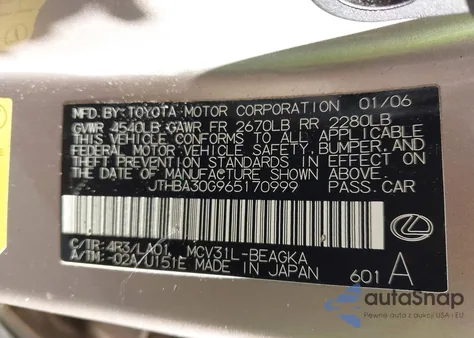 2006 Lexus Es 330 z USA, uszkodzony, nr VIN JTHBA30G965170999